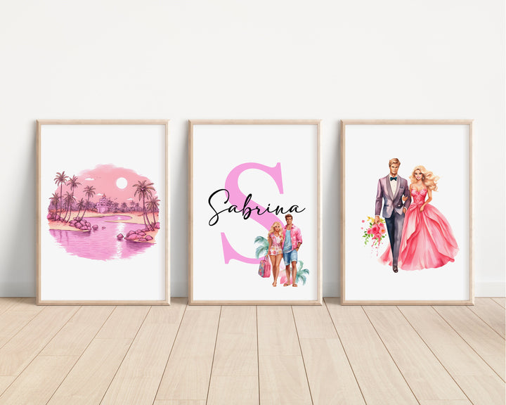 SET OF 3 Malibu Doll Personalised Prints | Ken Doll Pink Movie Bedroom Decor | Fashion Girls Pink Children Nursery Disney Pixar