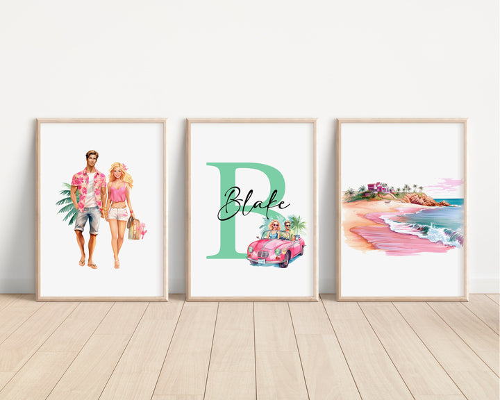 SET OF 3 Malibu Doll Personalised Prints | Ken Doll Pink Movie Bedroom Decor | Fashion Girls Pink Children Nursery Disney Pixar