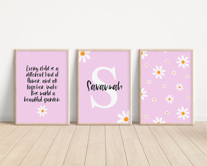 SET OF 3 Daisy Personalised Print | Flower Floral Name Quote Bedroom Decor | Girls Kids Children Nursery Bedroom Art Wall