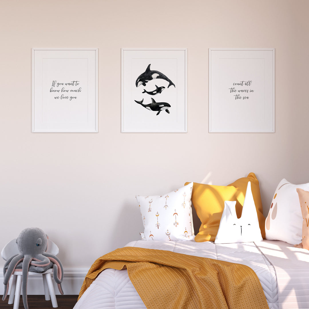 SET OF 3 Orca Pod Prints | Ocean Marine Life Prints | Whale Family Baby Bedroom Decor Sea Kids Children Nursery Bedroom Art Wall