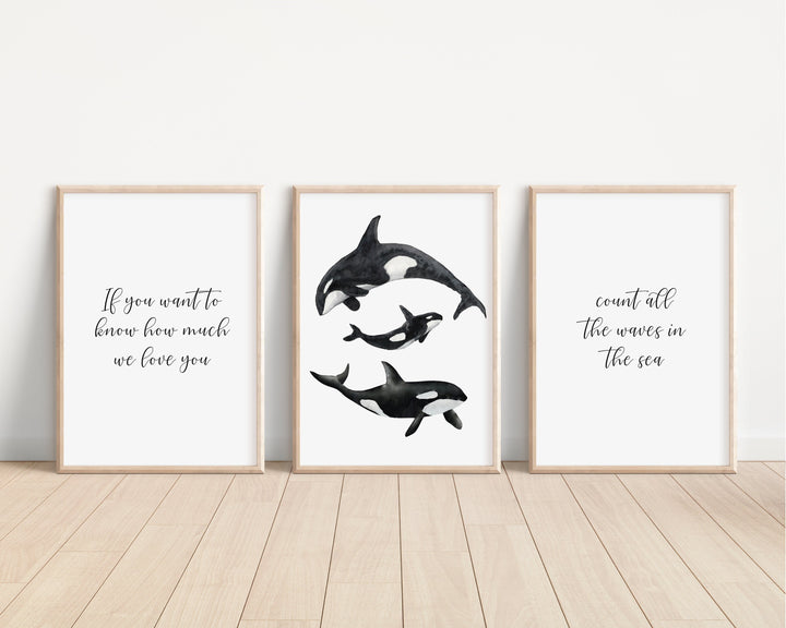 SET OF 3 Orca Pod Prints | Ocean Marine Life Prints | Whale Family Baby Bedroom Decor Sea Kids Children Nursery Bedroom Art Wall