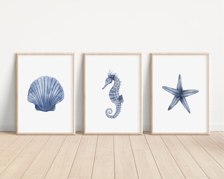 SET OF 3 Bathroom Prints | Ocean Marine Life Prints | Seahorse Clamshell Home Bedroom Decor Sea Kids Children Nursery Bedroom Art Wall