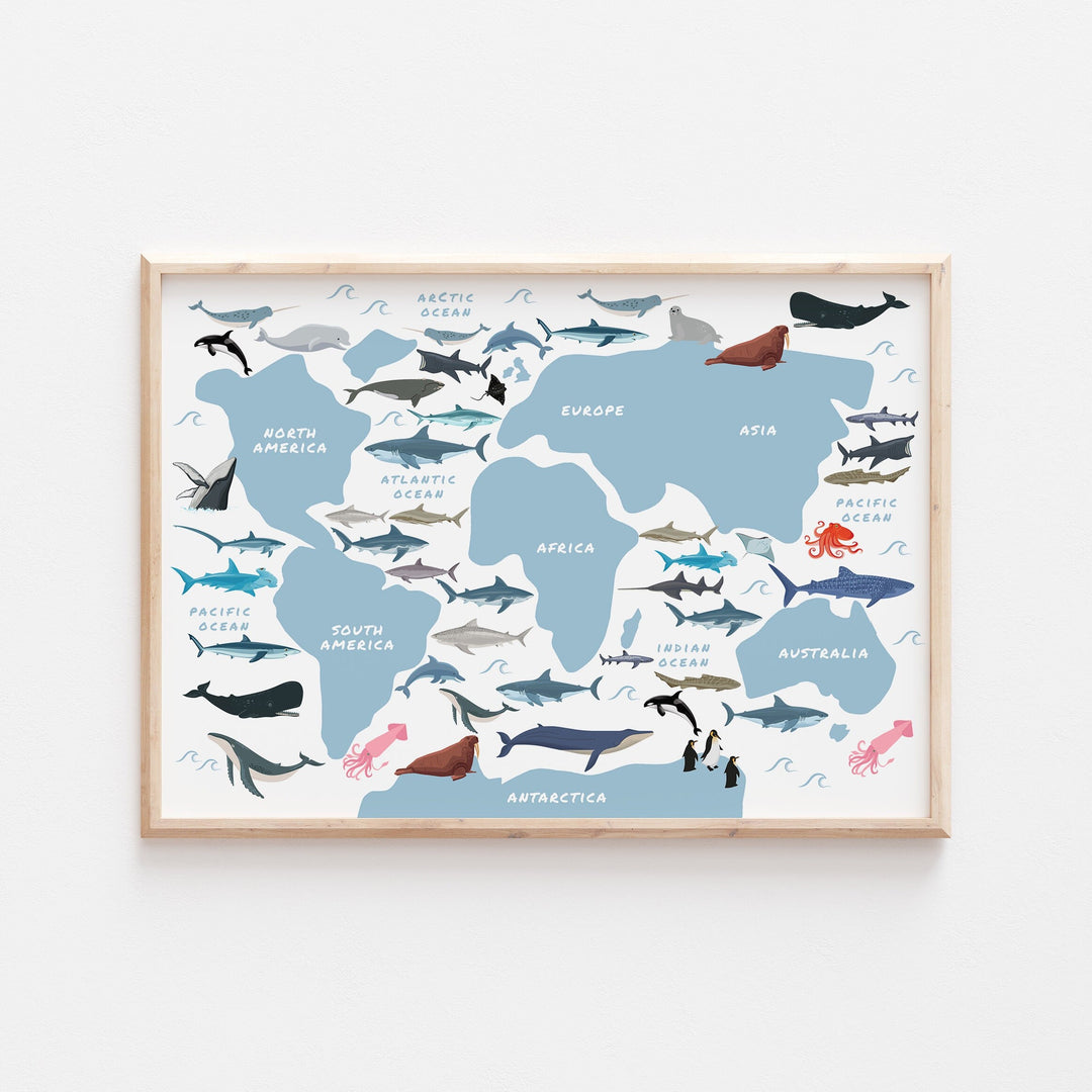 Shark Map Print | Ocean Whale Great White Mako Bull World Marine Kids Bedroom Decor Nursery Wall Art Poster Baby Newborn Gift Son