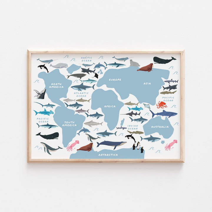 Shark Map Print | Ocean Whale Great White Mako Bull World Marine Kids Bedroom Decor Nursery Wall Art Poster Baby Newborn Gift Son