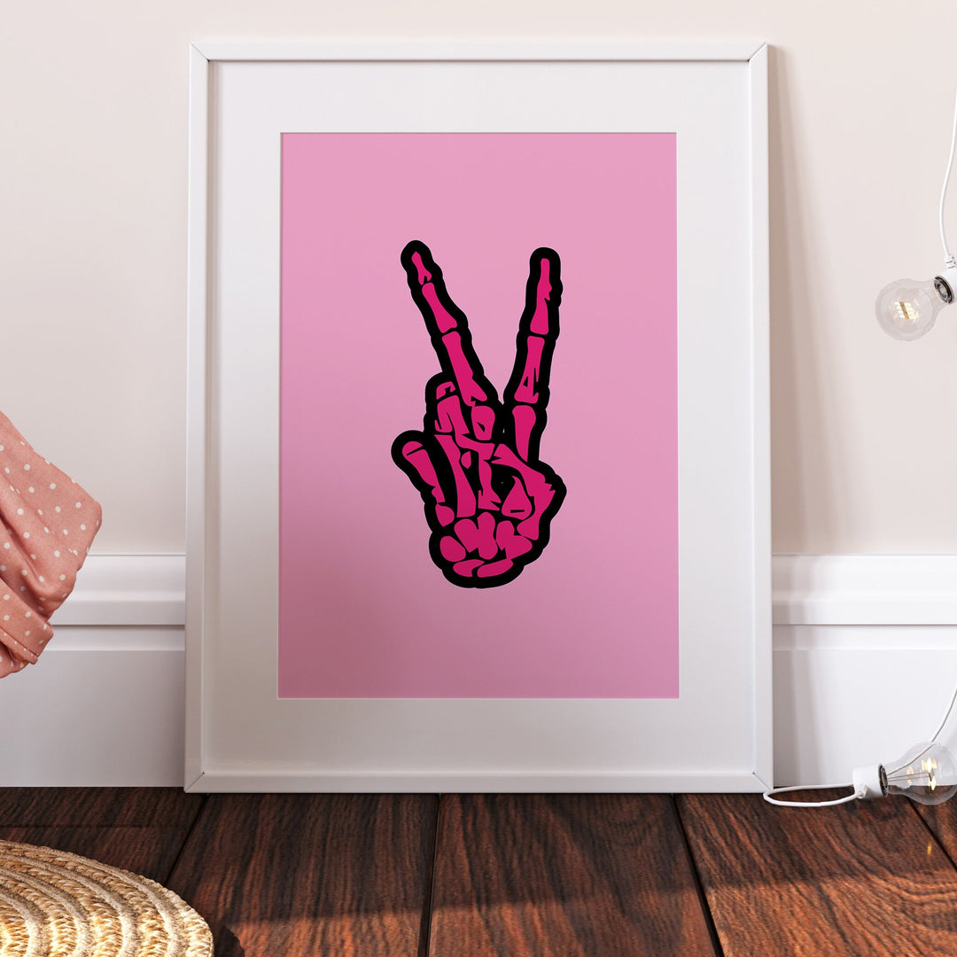 Skeleton Peace Out Print | Skull Pink Quote Affirmation Art | Gothic Emo Cute Living Room Wall Art Decor | Poster Vibrant Home