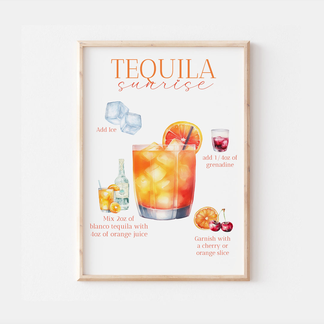 Tequila Sunrise Print | Cocktail Bar Sign Decor | Watercolour Make Your Own | Kitchen Recipes Home Wall Art Posters Alcohol Gift