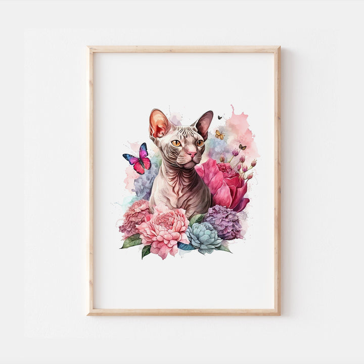 Sphynx Cat Print | Watercolour Kittens Lover Pet Art | Naked Cat Gift Owner Furbaby Kids Bedroom Nursery Decor Wall Art