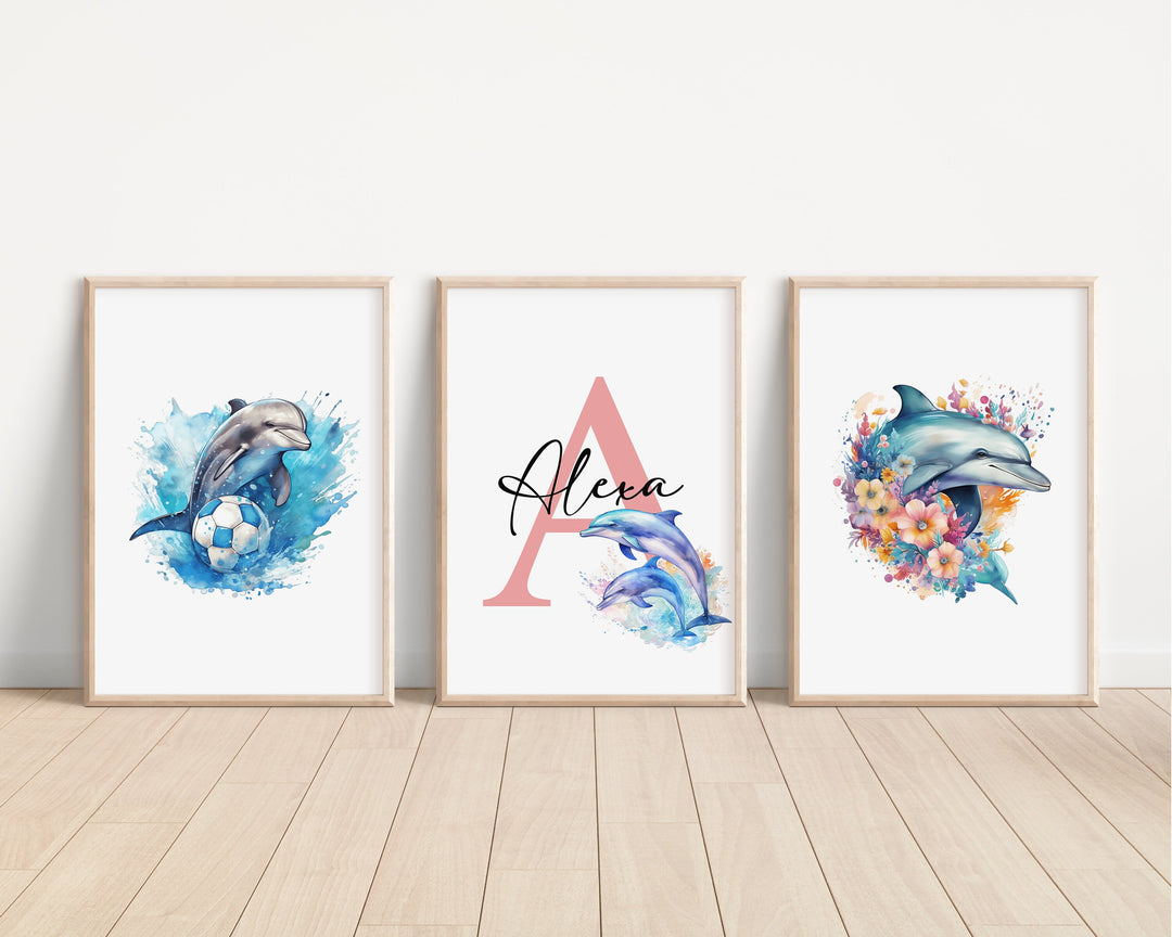 SET OF 3 Dolphins Personalized Print | Marine Animals Ocean Whales Sharks Bedroom Decor | Kids Watercolour Children Nursery Art Wall