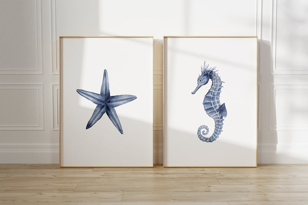 SET OF 3 Bathroom Prints | Ocean Marine Life Prints | Seahorse Clamshell Home Bedroom Decor Sea Kids Children Nursery Bedroom Art Wall