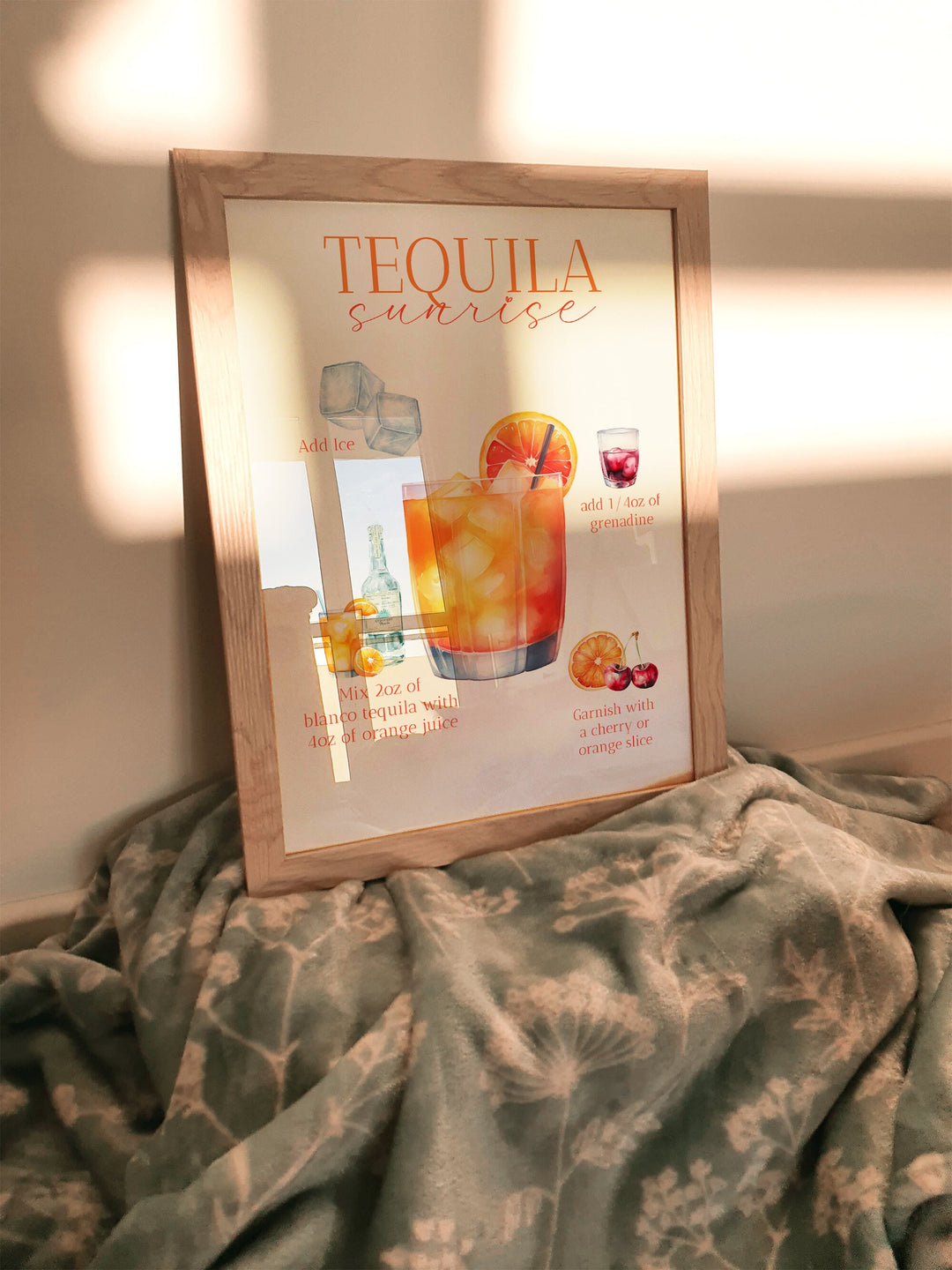 Tequila Sunrise Print | Cocktail Bar Sign Decor | Watercolour Make Your Own | Kitchen Recipes Home Wall Art Posters Alcohol Gift