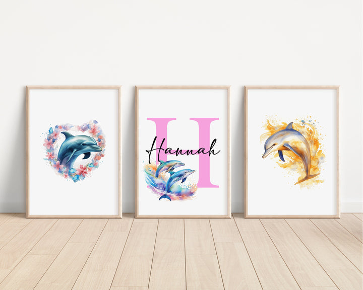 SET OF 3 Dolphins Personalized Print | Marine Animals Ocean Whales Sharks Bedroom Decor | Kids Watercolour Children Nursery Art Wall