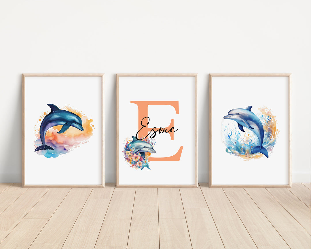 SET OF 3 Dolphins Personalized Print | Marine Animals Ocean Whales Sharks Bedroom Decor | Kids Watercolour Children Nursery Art Wall